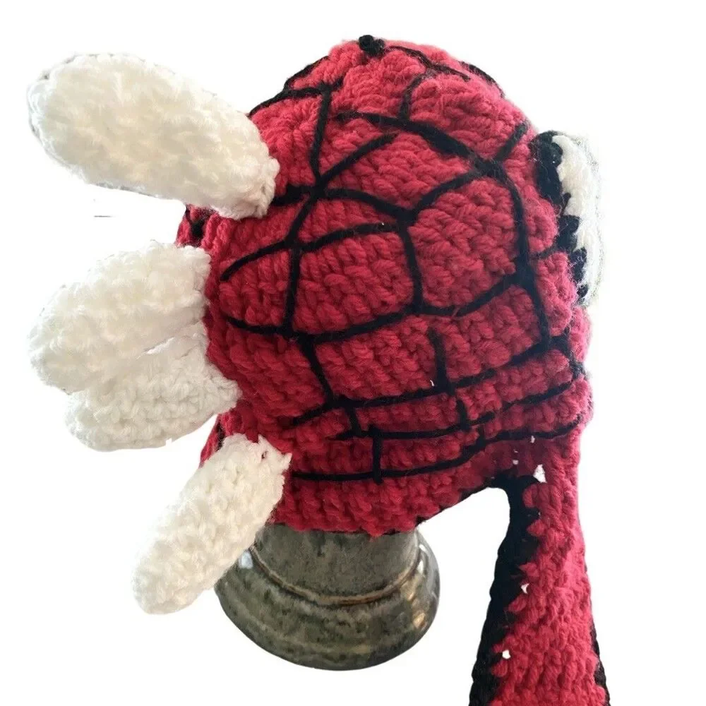 Spider-Man Crocheted Knitted Beanie Youth 6-8 Years Handmade Ear Flaps Webs